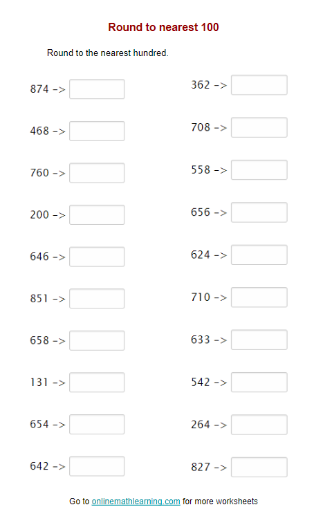 Round to the nearest 100 (Second Grade, printable, answers)