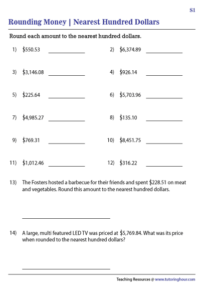 Rounding to the Nearest Hundred Dollars Worksheets
