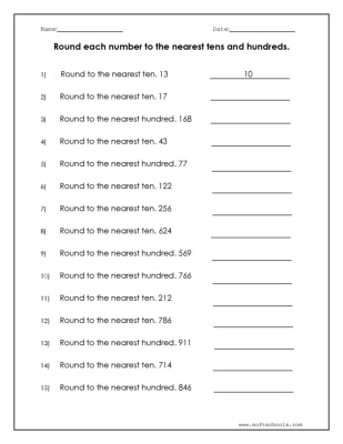 Round each number to the nearest tens and hundreds Worksheet