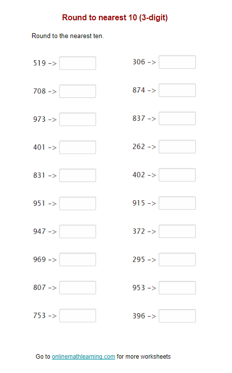 Round to the nearest 10 (3-digit, Second Grade, printable)