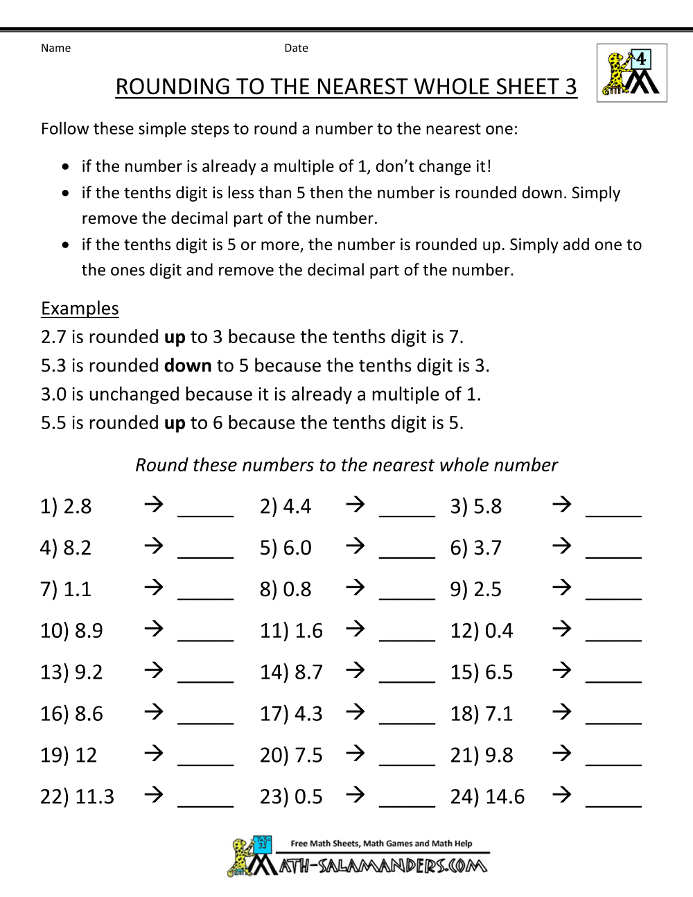 round to the nearest whole number worksheet