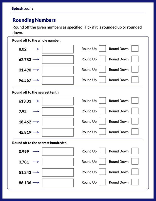 Round off Decimal Numbers - Math Worksheets - SplashLearn