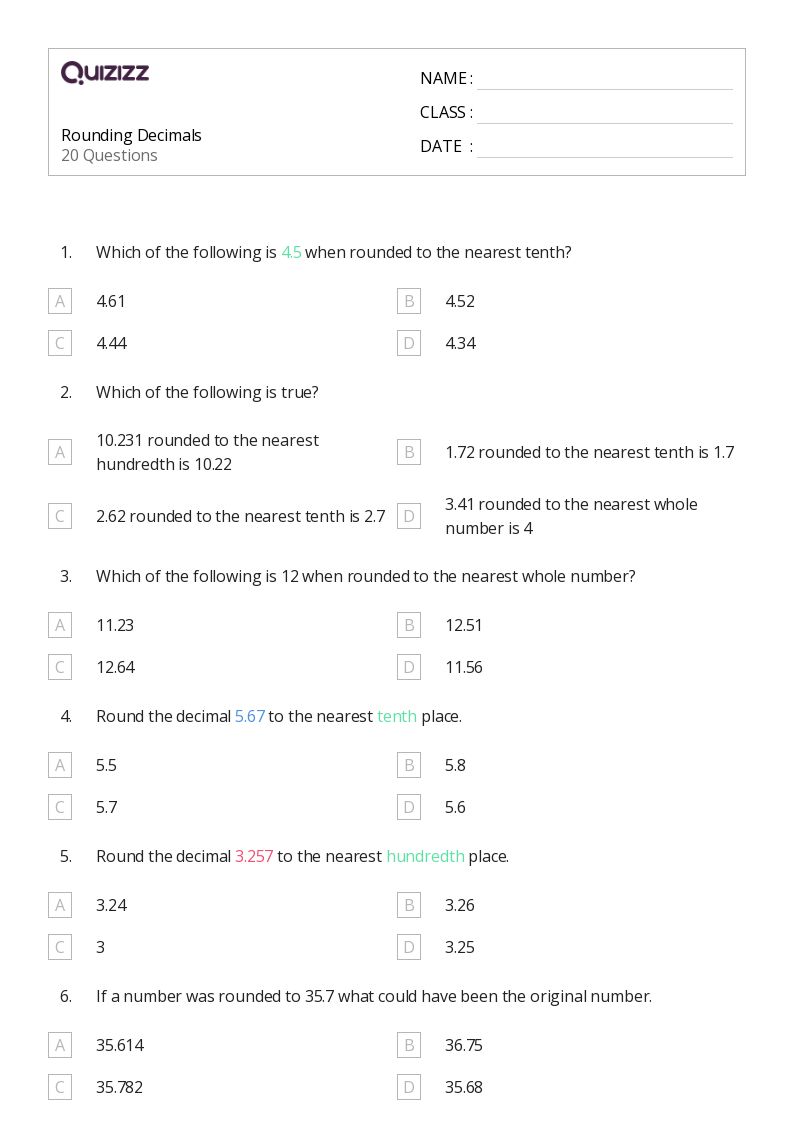 Rounding decimals worksheet for 5th Grade with answer key Free PDF Rounding decimals worksheet for 5th Grade with answer key Free PDF