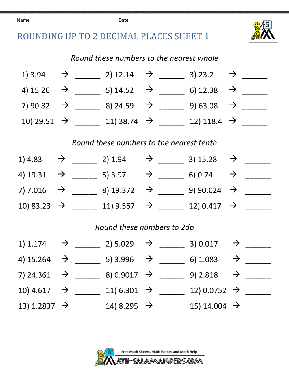 rounding decimals worksheet printable