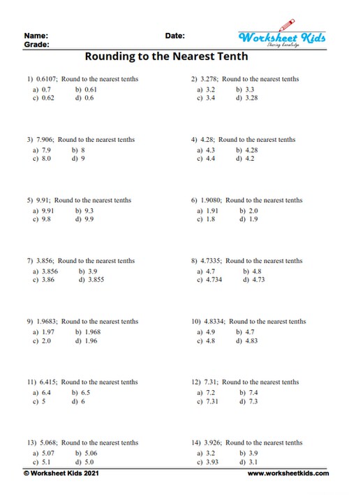 Rounding decimals worksheet for 5th Grade with answer key - Free PDF