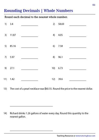 Rounding Decimals to the Nearest Whole Number Worksheets