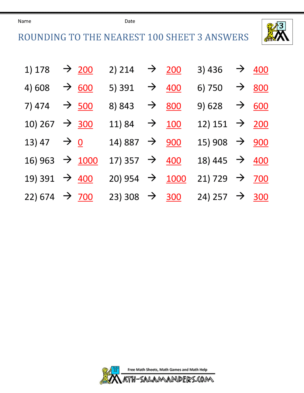 rounding numbers to the nearest hundred worksheet