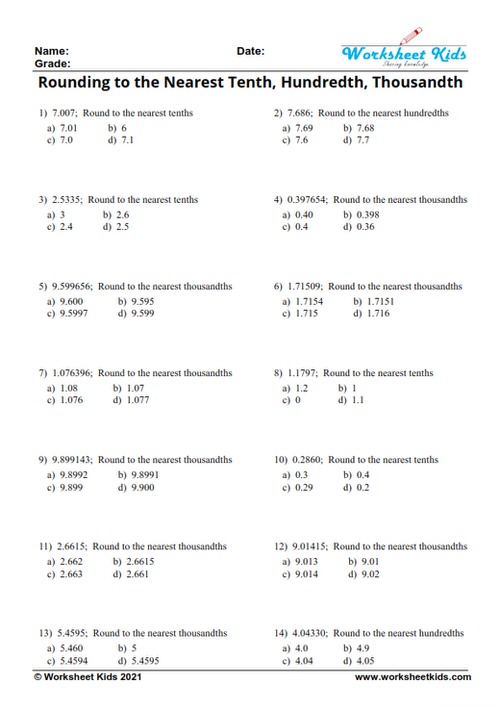 Rounding decimals worksheet for 5th Grade with answer key - Free PDF