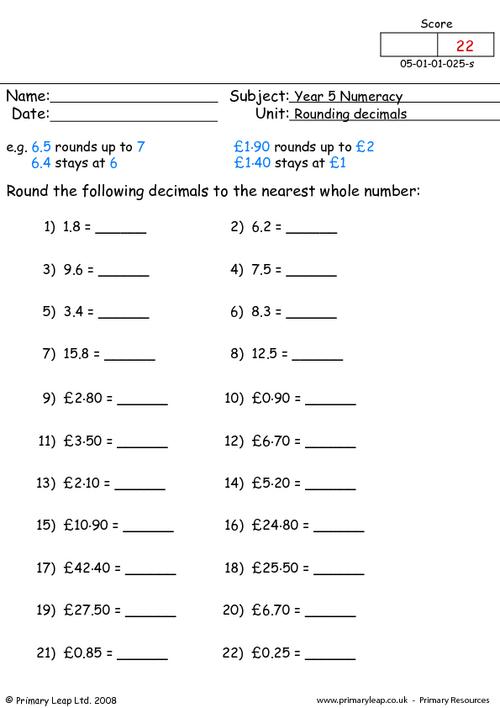 Numeracy: Rounding decimals | Worksheet | PrimaryLeap.co.uk