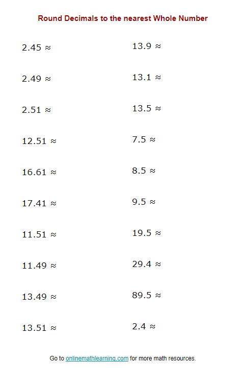 Round Decimals to the nearest Whole Number (printable, online ...