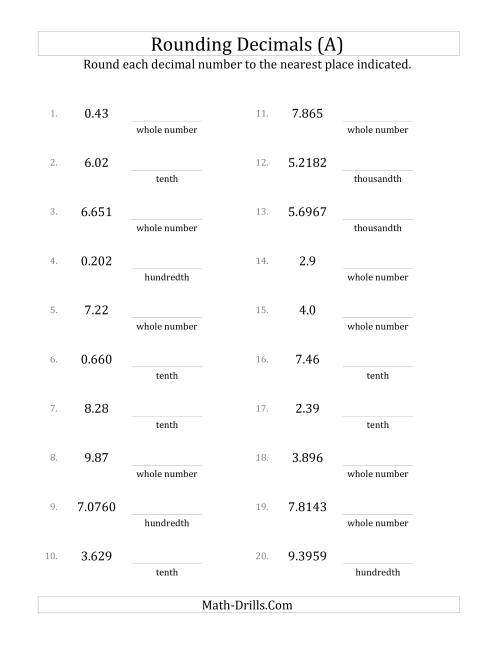 Rounding Various Decimals to Various Decimal Places (A)