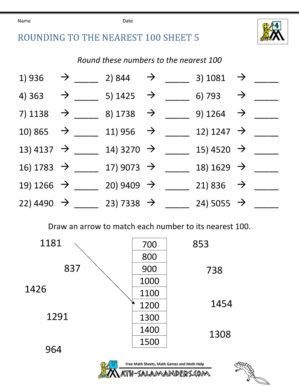 Rounding to the nearest 100 Worksheets