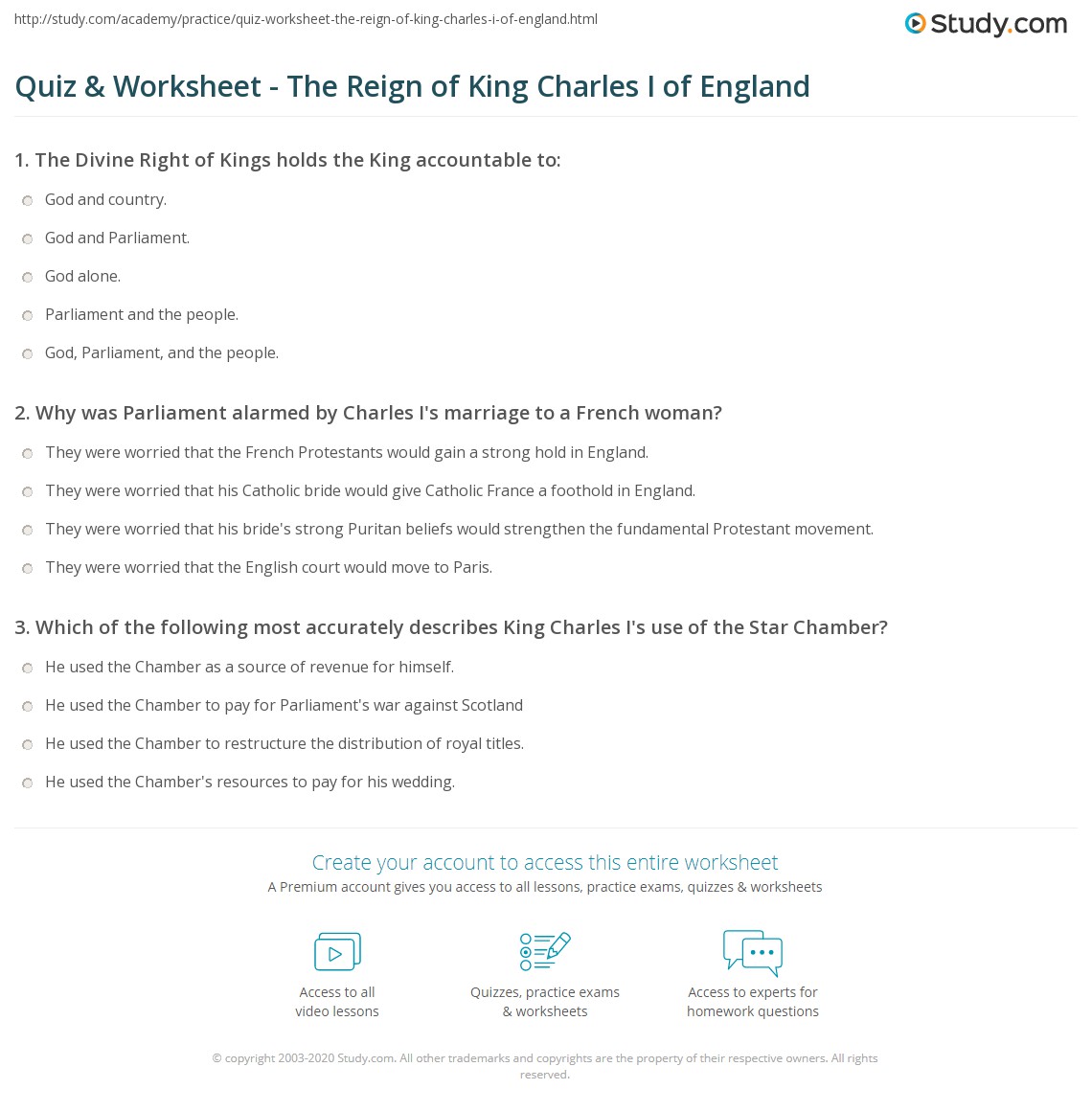 Quiz &  Worksheet - The Reign of King Charles I of England | Study.com