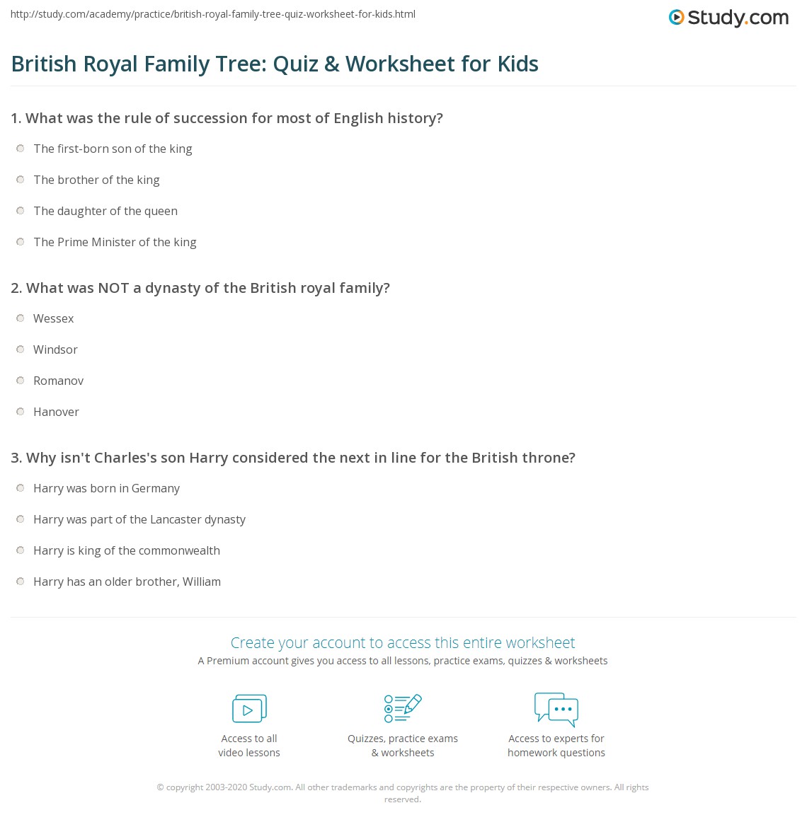 British Royal Family Tree: Quiz &  Worksheet for Kids | Study.com