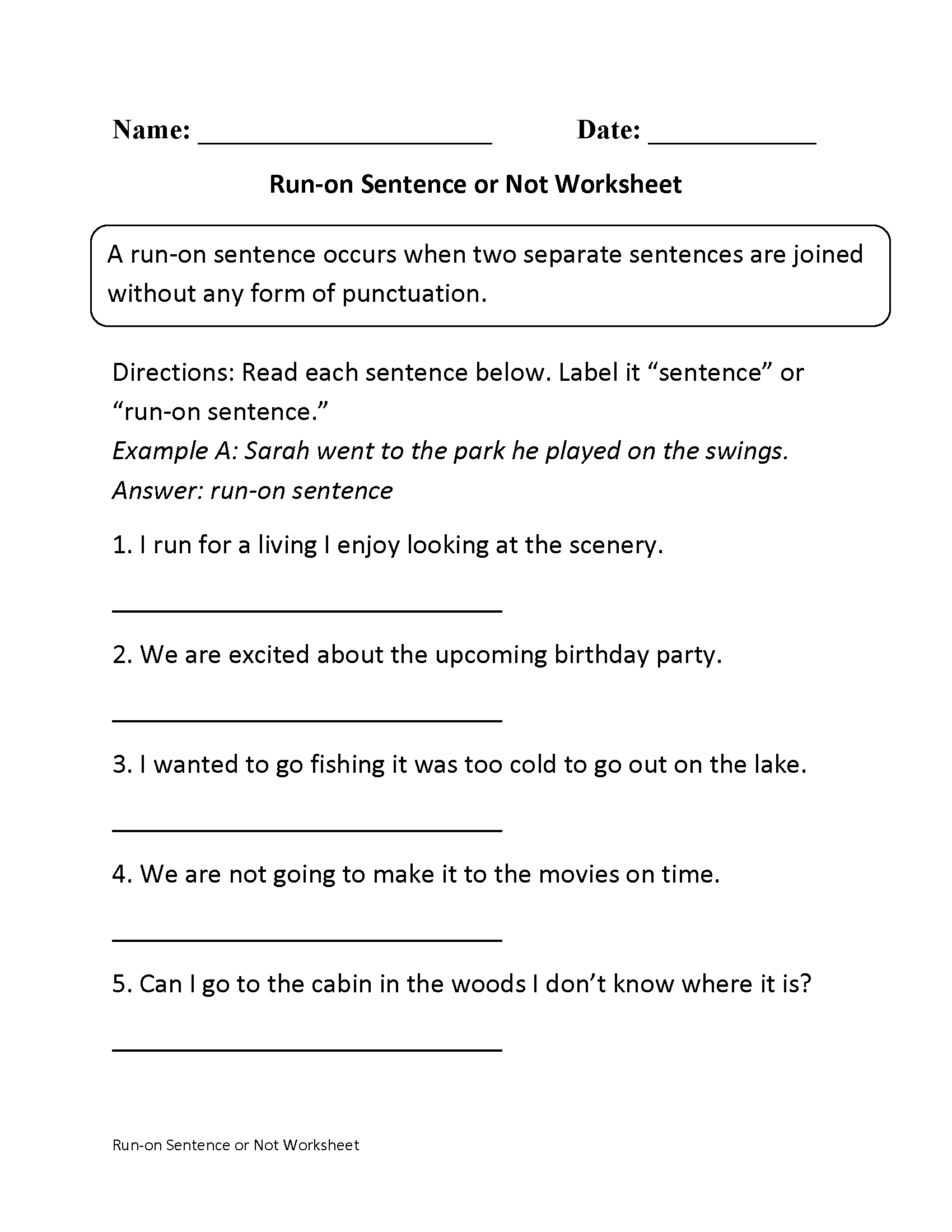 run on sentence practice worksheet
