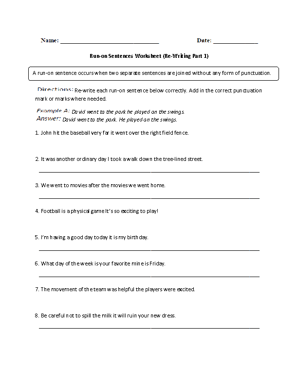 Run on Sentences Worksheets | Fixing Run on Sentence Worksheet