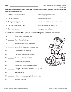 Sentences, Fragments, Run-on Sentences | Printable Skills Sheets
