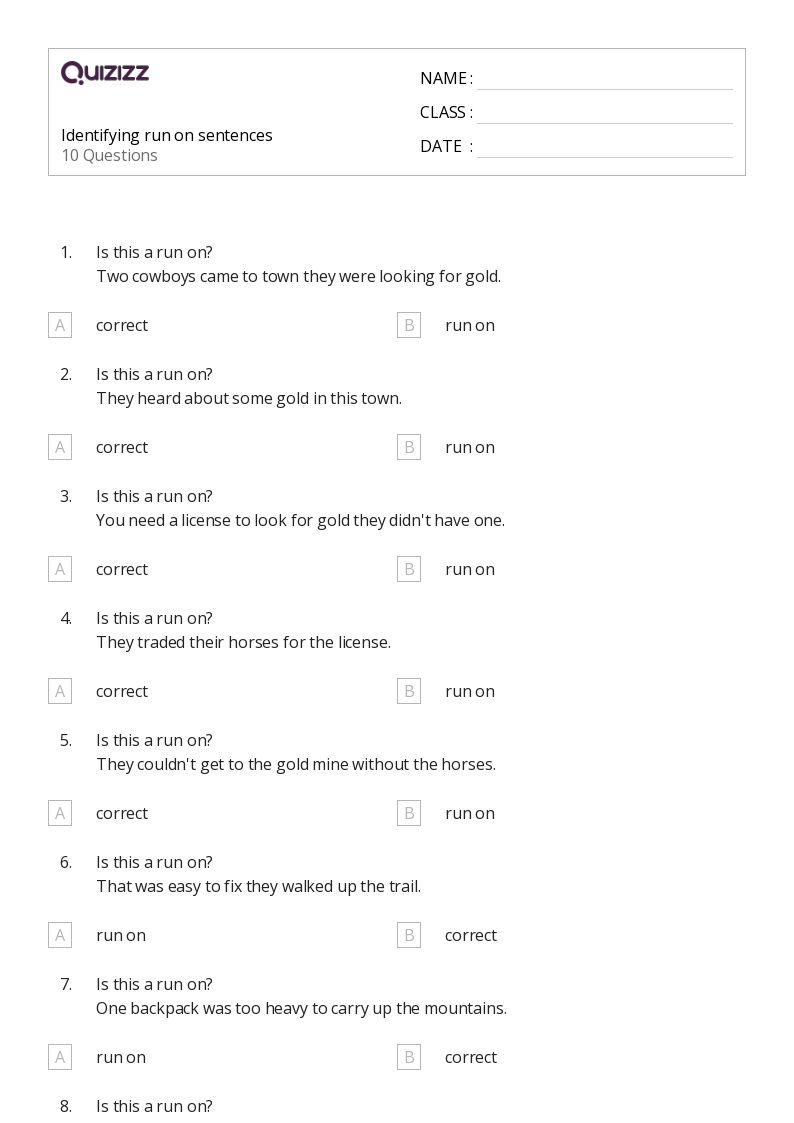 run on sentence worksheet 4th grade