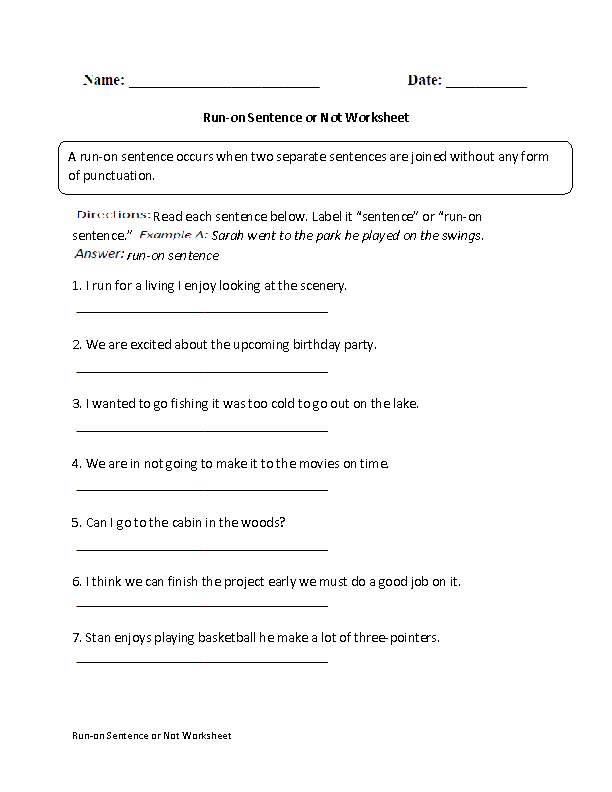 run on sentence worksheet 4th grade