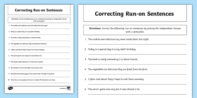 Run on Sentence Worksheet | 4th Grade | Twinkl USA - Twinkl
