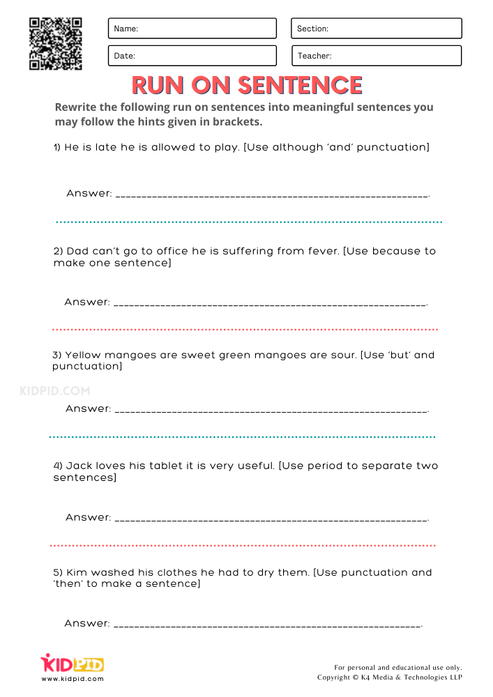run on sentences worksheet