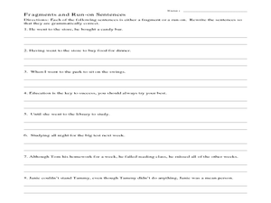 Fragments and Run-on Sentences Worksheet for 6th Grade | Lesson Planet