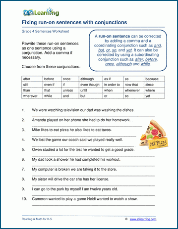 Run-on sentences &  conjunctions | Worsheets library