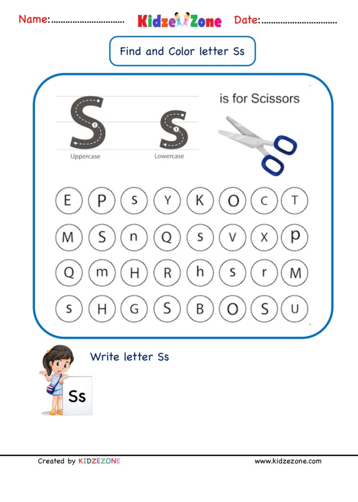 Kindergarten Letter S Find and Color worksheet - KidzeZone