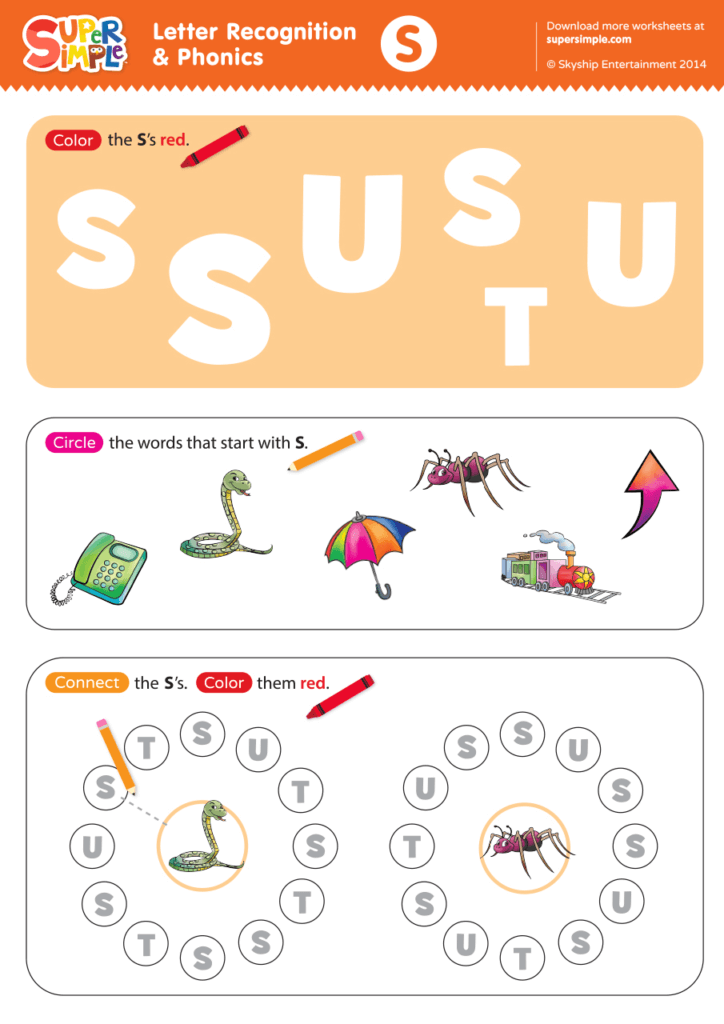 Letter Recognition &  Phonics Worksheet - S (Uppercase) - Super Simple