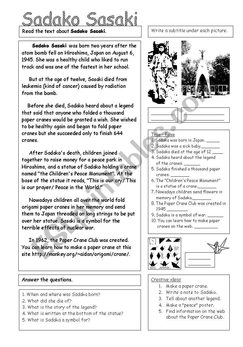 Lesson Plans Language Arts / Sadako and a Thousand Paper Cranes