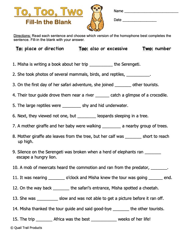 Homophones to, too, &  two Safari worksheets