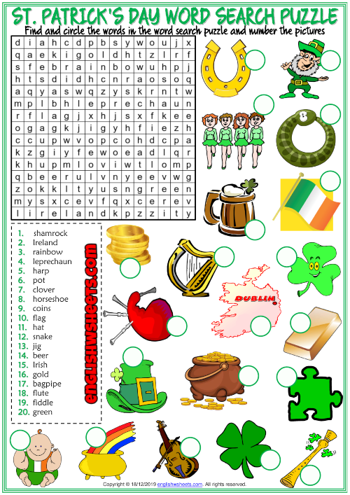 St. Patricks Day ESL Word Search Puzzle Worksheet