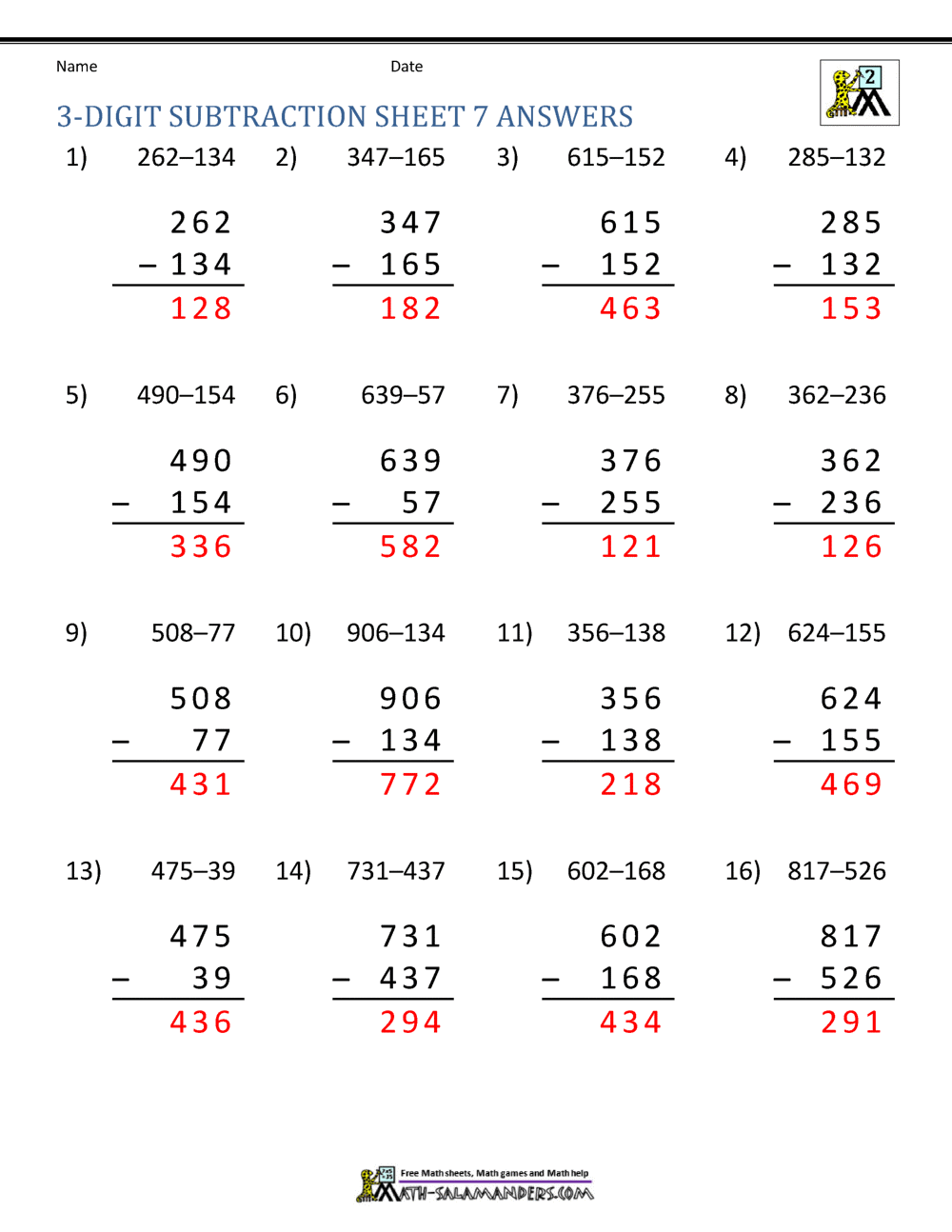 3 Digit Subtraction Worksheets