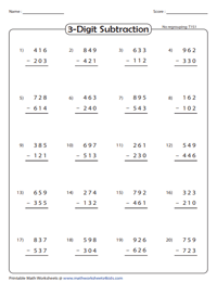 3-Digit Subtraction Worksheets