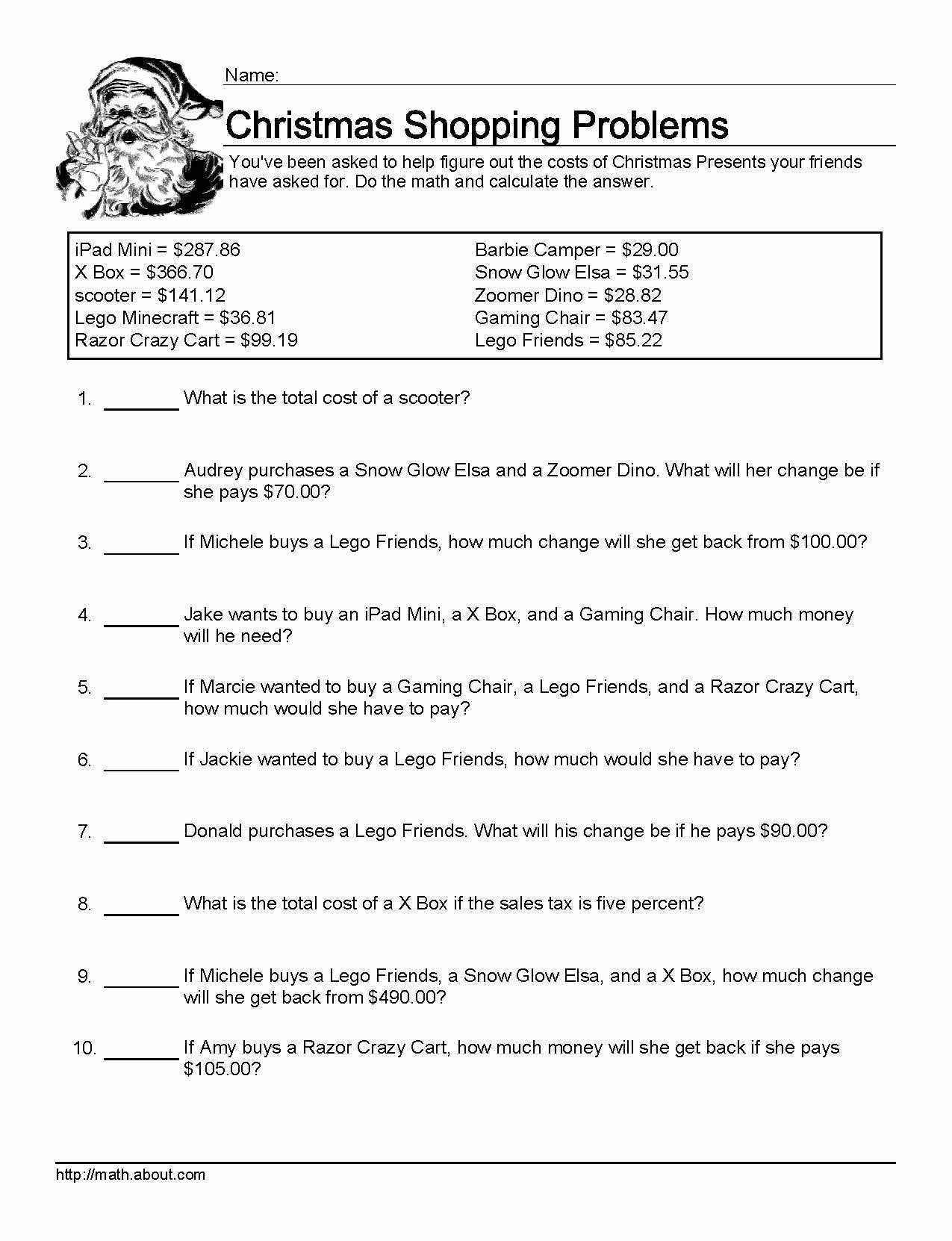 Worksheets for Christmas Math Problems