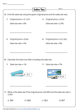 sales tax worksheet 6th grade