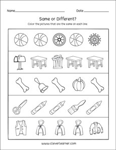Same and different worksheets for preschool FREE download