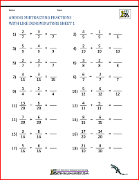 Adding Fractions With Like Denominators Worksheets