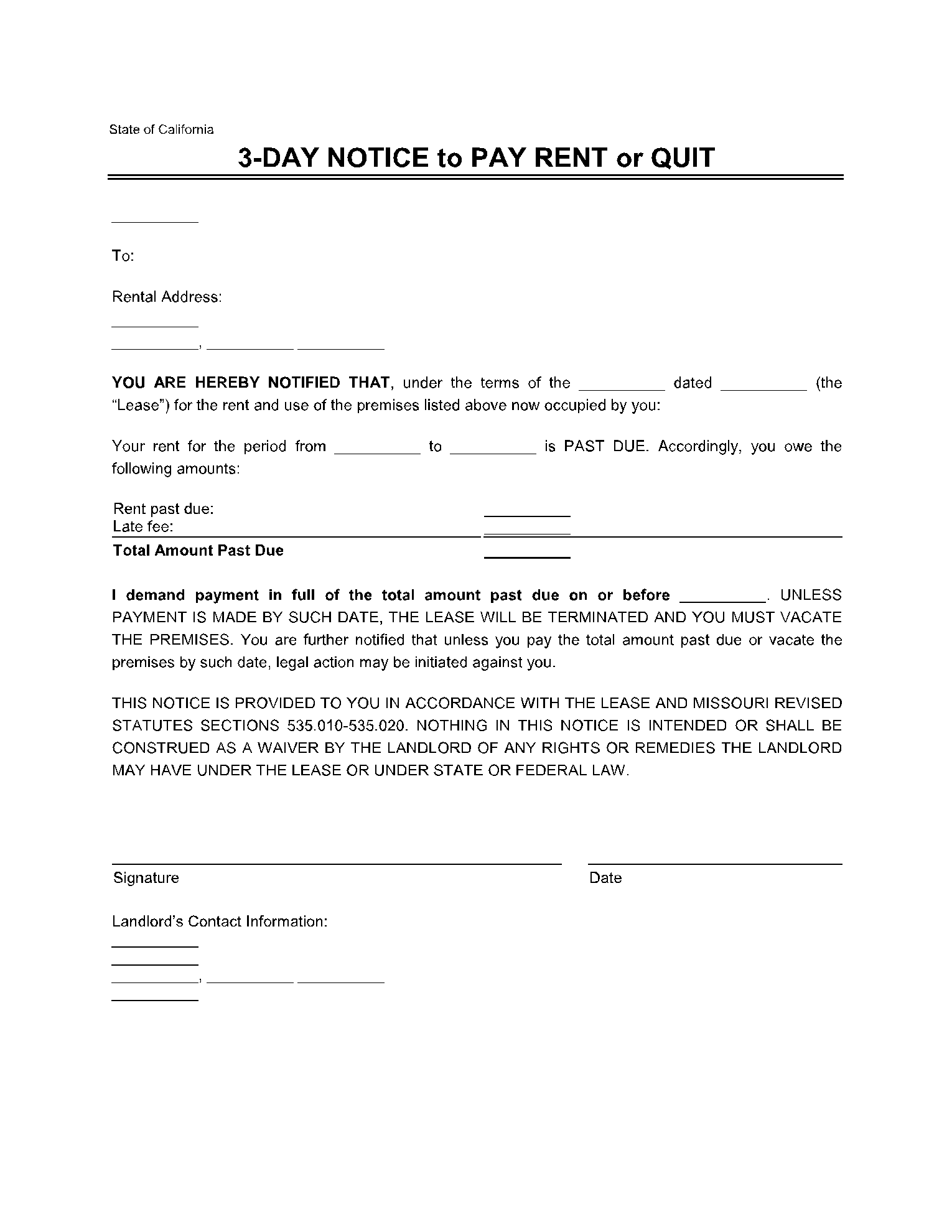 sample 3 day eviction notice in california