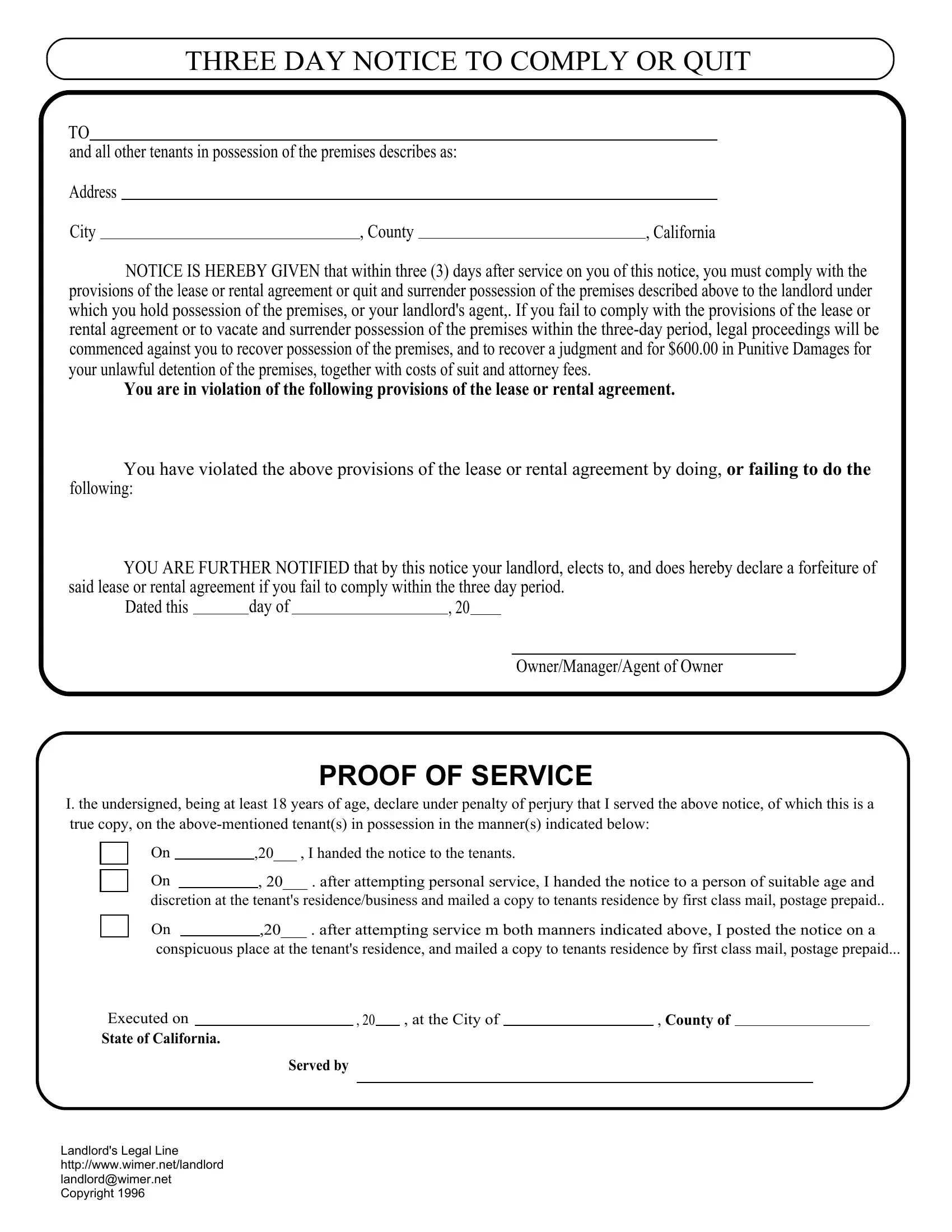 sample 3 day eviction notice in california
