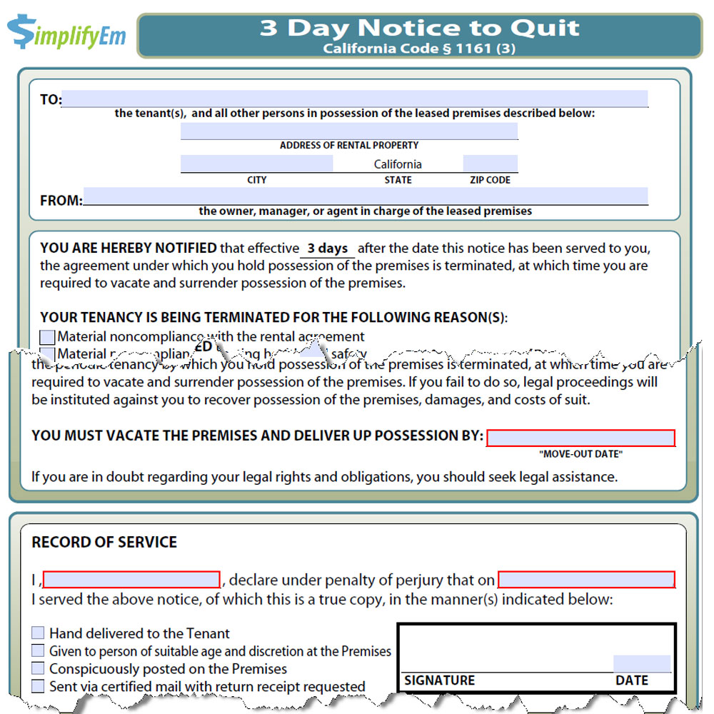 sample 3 day eviction notice in california