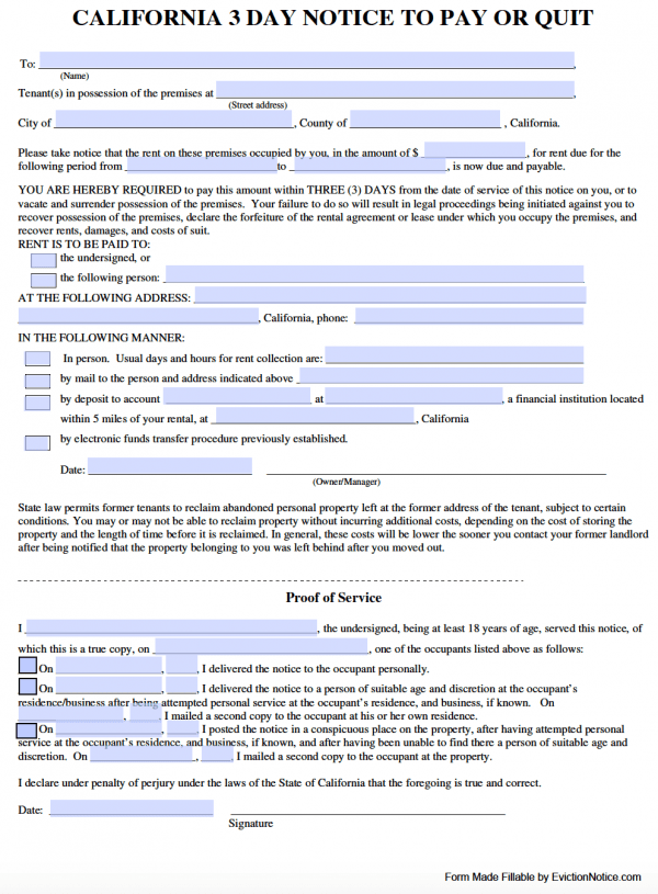 sample 3 day eviction notice in california