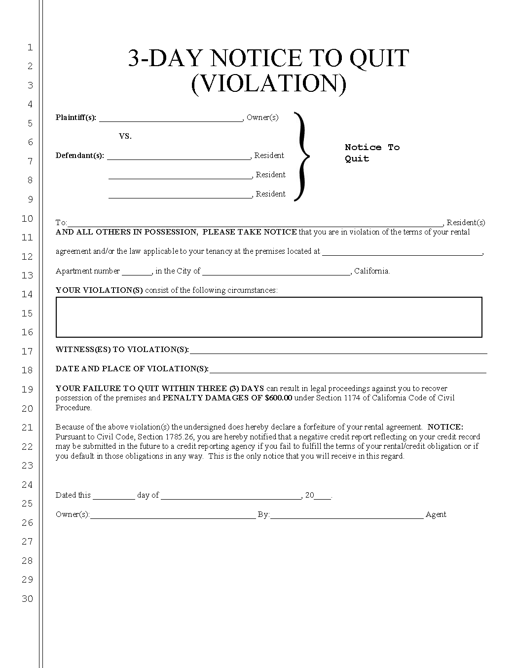sample 3 day eviction notice in california