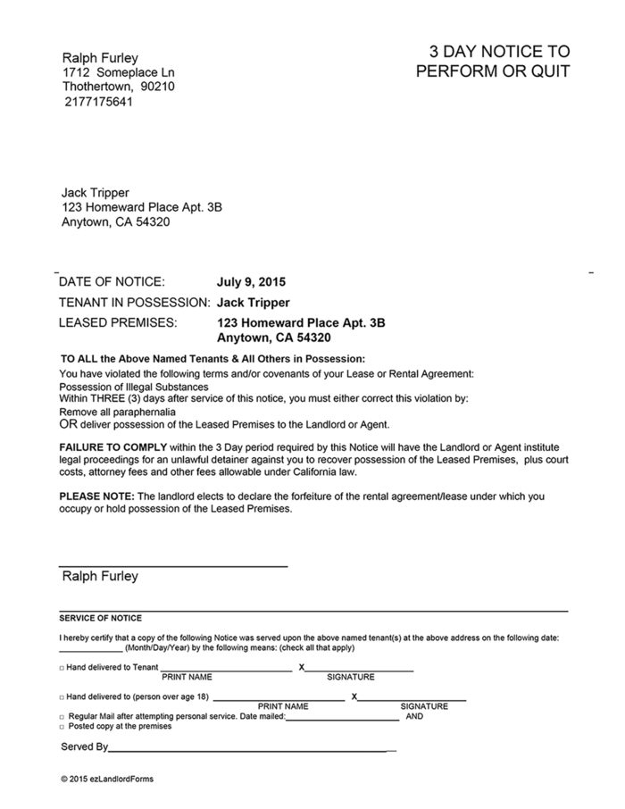 sample 3 day eviction notice in california