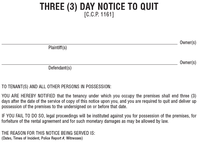 sample 3 day eviction notice in california