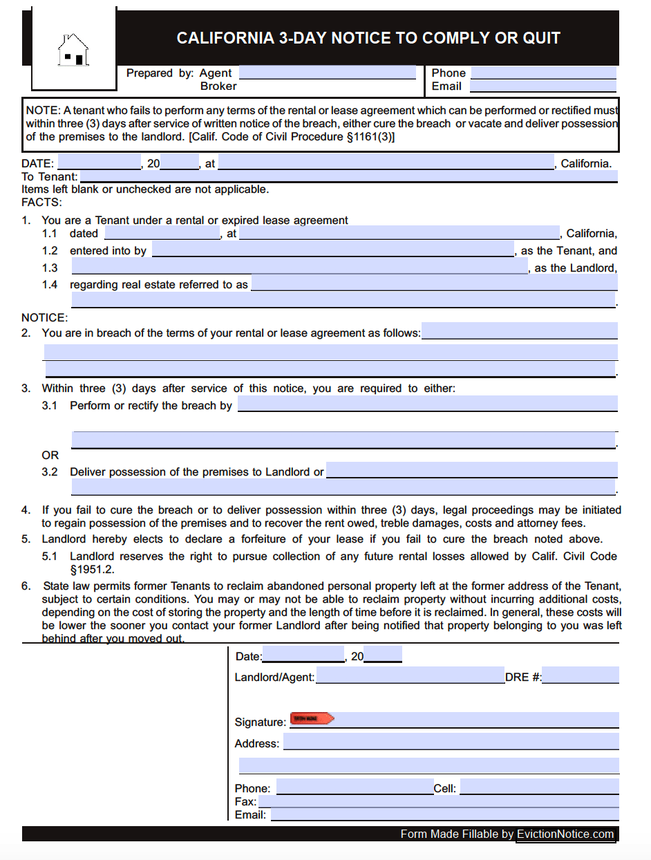 sample 3 day eviction notice in california