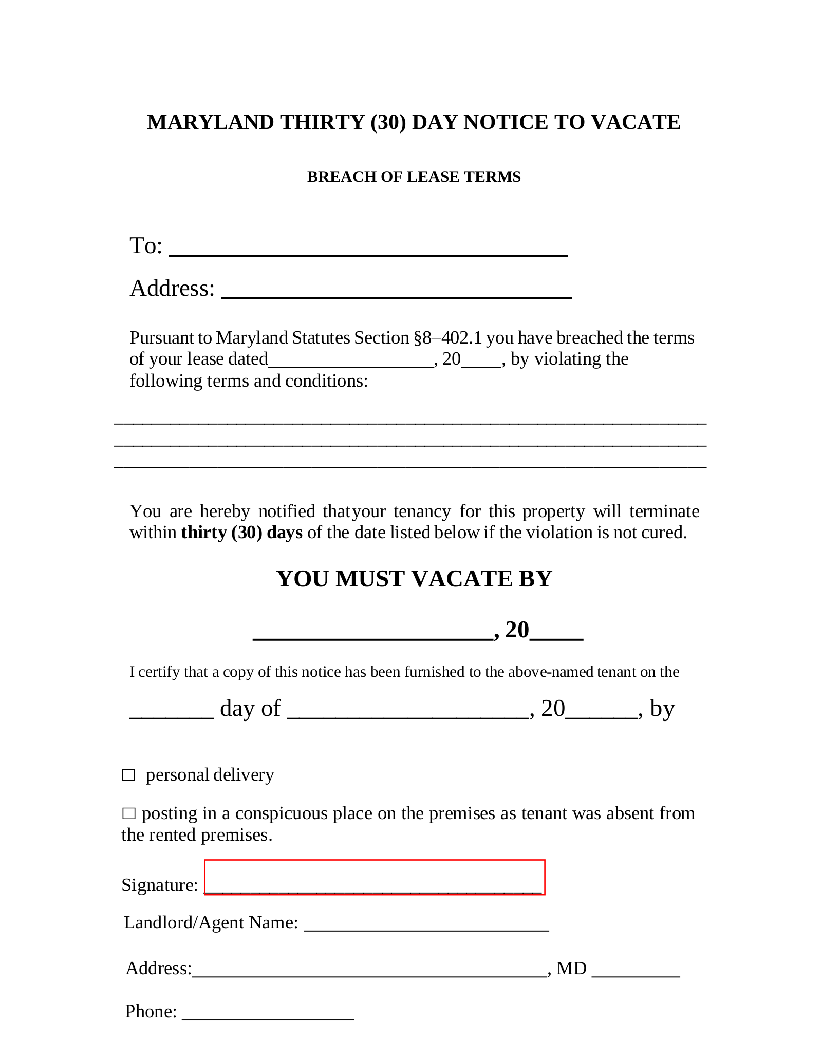 Free Maryland 30-Day Notice to Quit Form | Non-Compliance - PDF ...