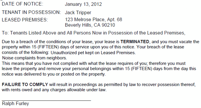 sample eviction notice for breach of lease