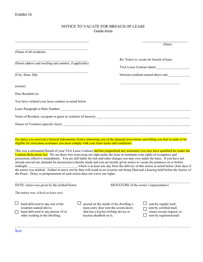 sample eviction notice for breach of lease