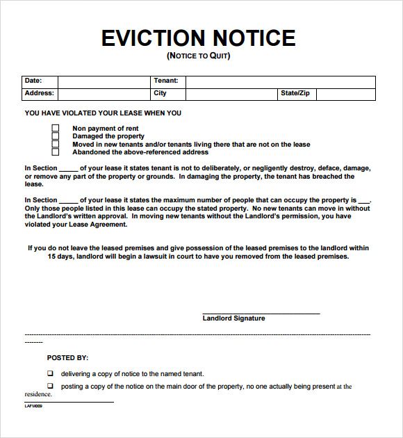 sample eviction notice for breach of lease